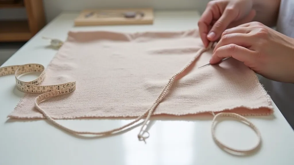 Beginner sewing project with needle, thread and fabric pieces