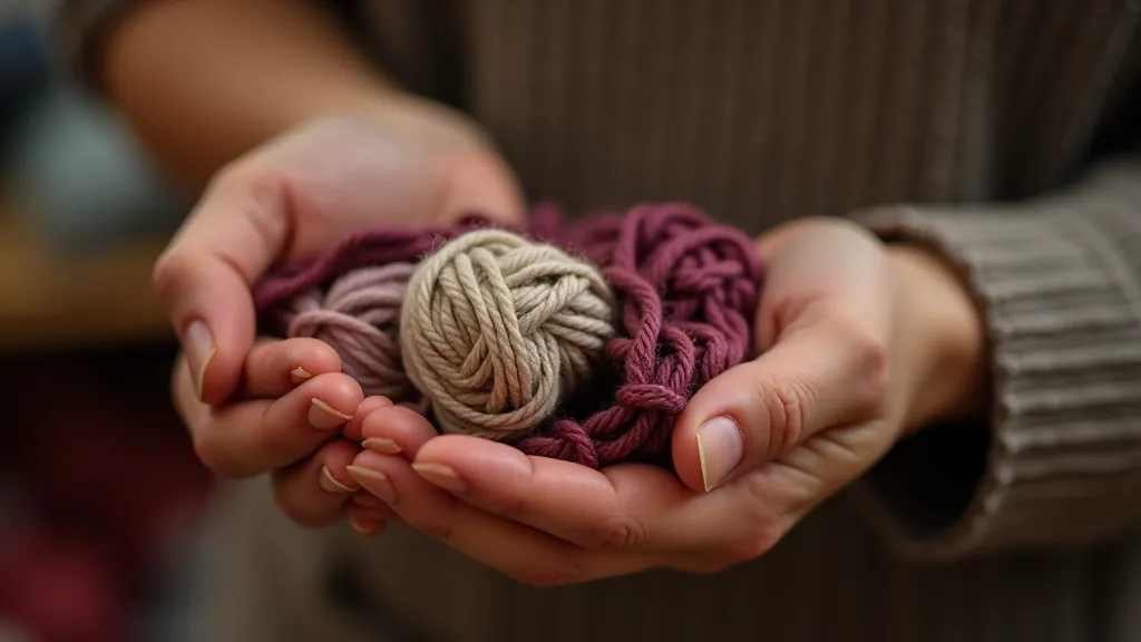 Close-up of hands holding soft yarn and fabric samples in a haberdashery shop, showing texture and quality materials
