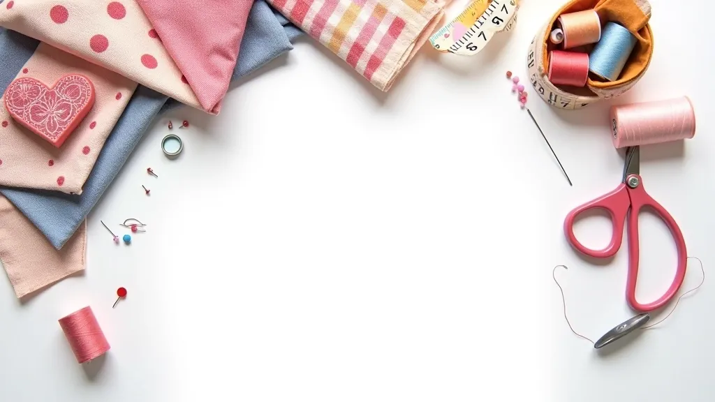 Beginner sewing project materials including fabric squares, thread spools, measuring tape and pins on light background