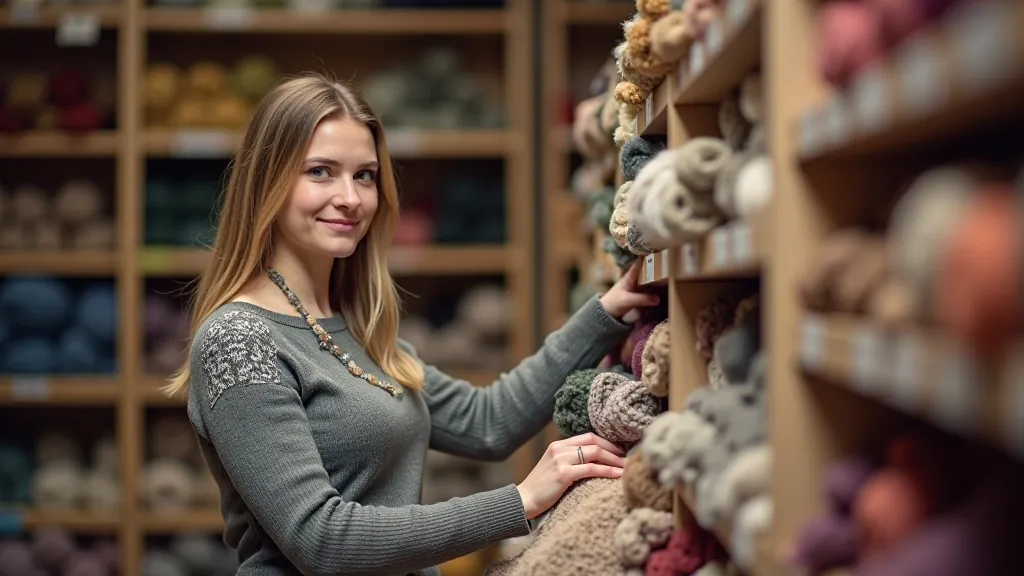 Customer browsing through organized rows of fabric bolts in a well-lit haberdashery shop, reaching for a particular color